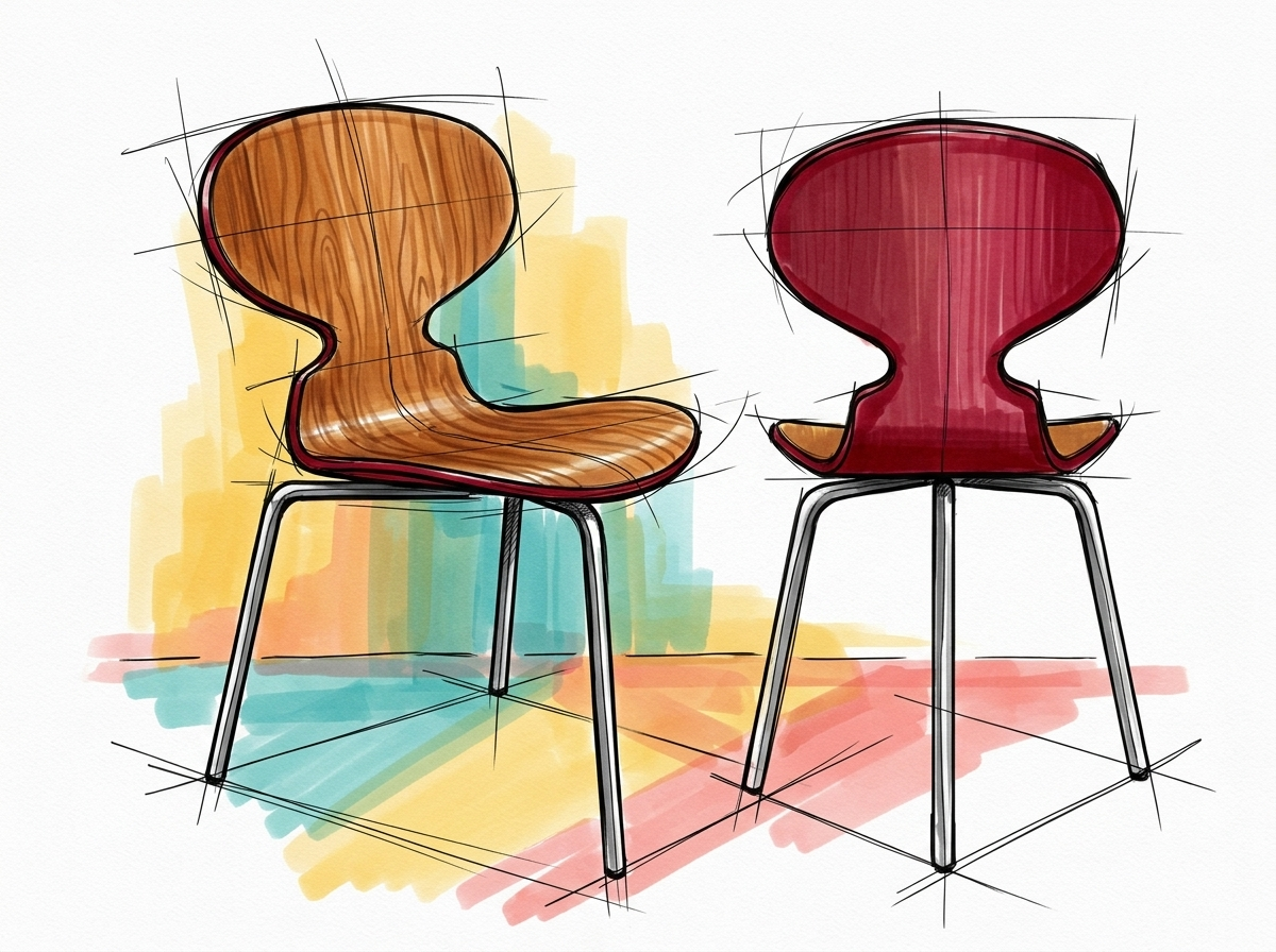 Industrial design marker rendering showing the Ant Chair original three-legged design.