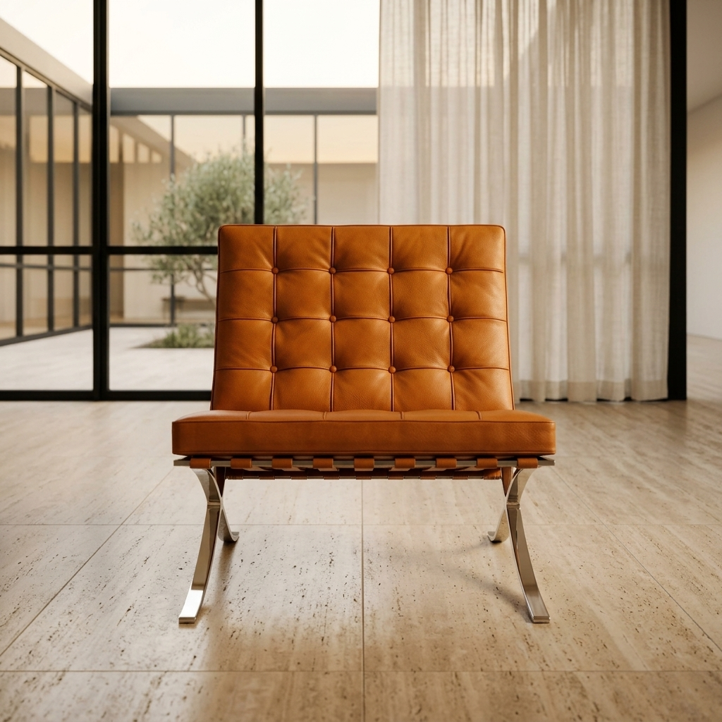 AI-generated context photograph of the Barcelona Chair by Ludwig Mies van der Rohe in situ.