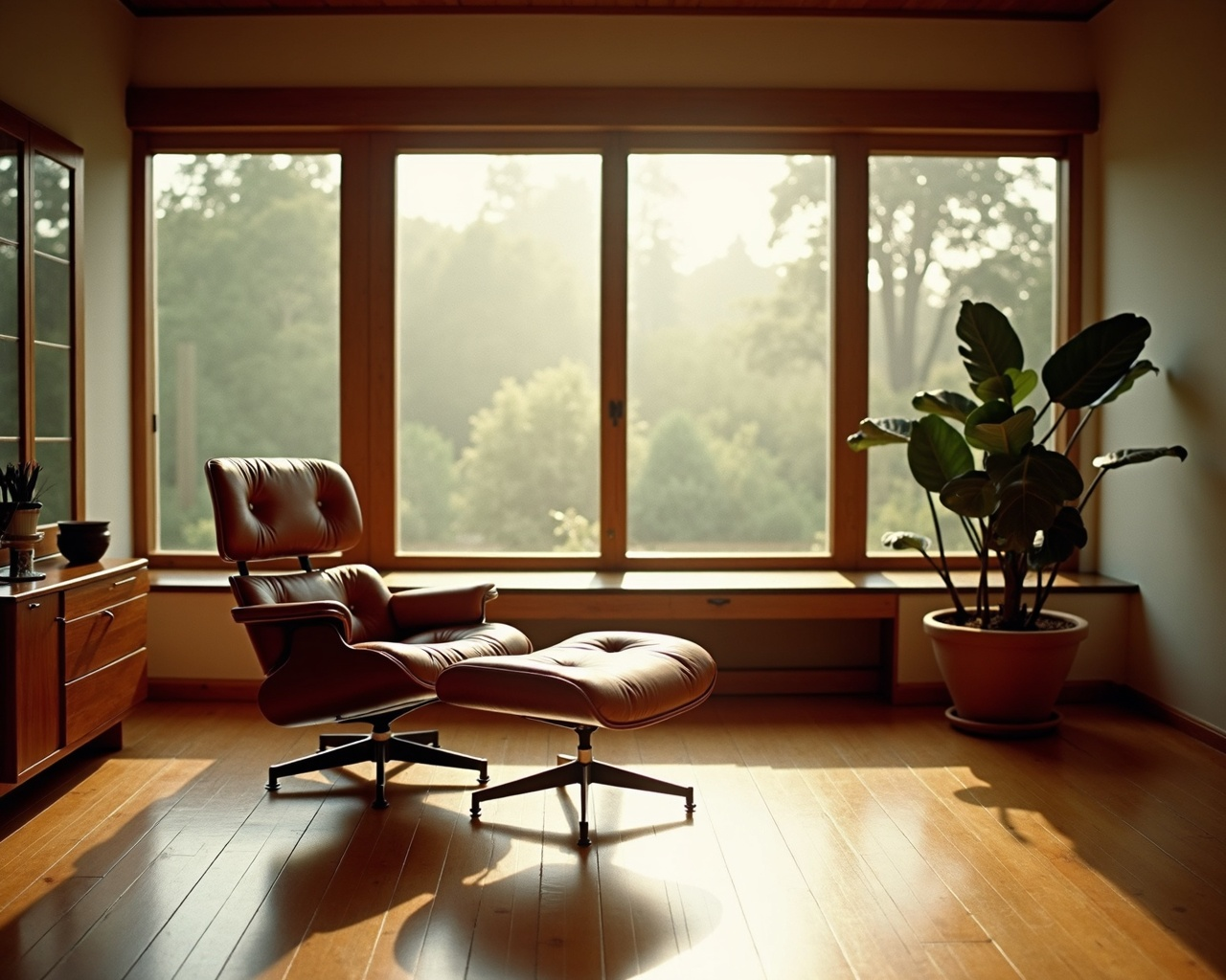 Chair and ottoman in a 1950s California modernist interior — the setting for which the design was conceived.