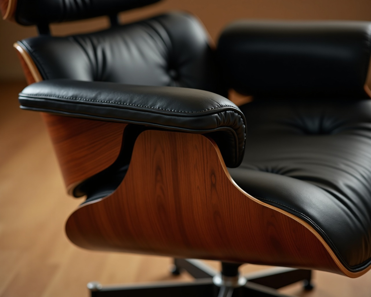 Leather cushion meeting rosewood shell — the strap-and-button attachment system allows individual cushion replacement.