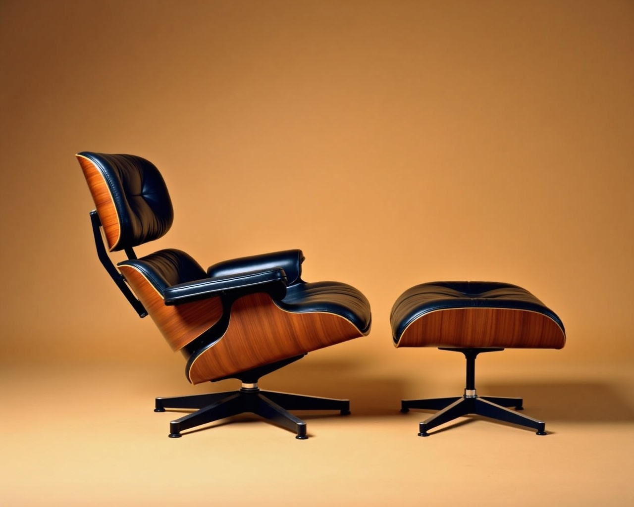 Chair and ottoman in three-quarter view — compound curved shells, leather cushions, and cast aluminium base.