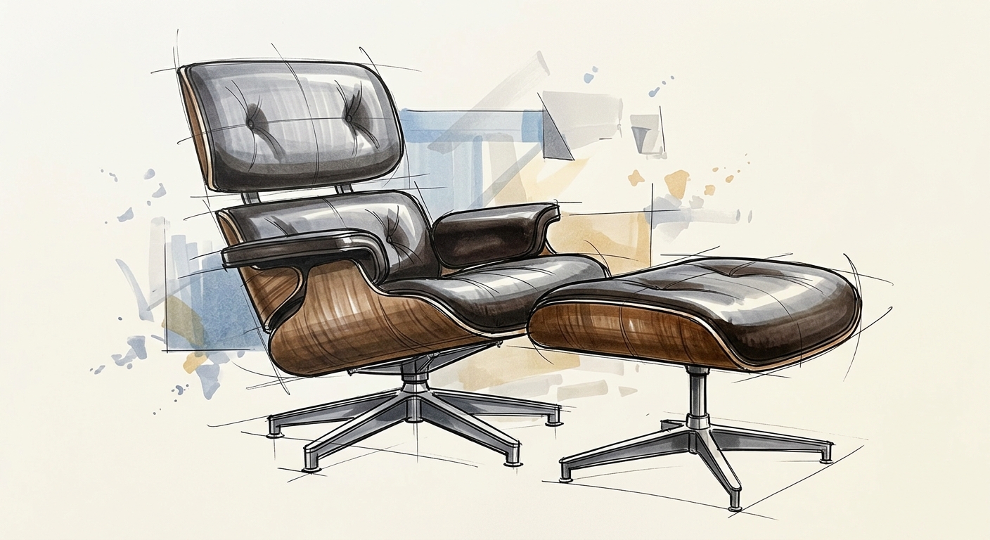 Industrial design marker rendering of the Eames Lounge Chair and Ottoman, emphasizing the sculptural form and construction.